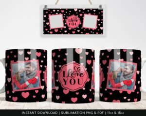 Love and Friendship Sublimation Mug PNG, PDF - xoxo pattern - two photos - Centralized pdf - 11oz | 15oz - High-Resolution Transparent PNG
