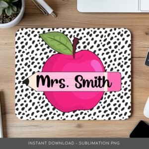 Teacher Mousepad PNG Design, Mouse Pad Sublimation, Teacher Appreciation Wrap, Custom Teacher Gift, Pencil Split Name Frame, Pink Apple PNG.