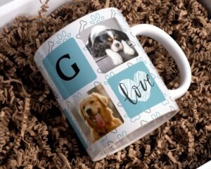 DOG LOVE Photo Mug Sublimation png - Paw & Bones Pattern for Transfers 11oz, 15oz - Love Dog Photo Mug Template, Sublimation Digital Paper