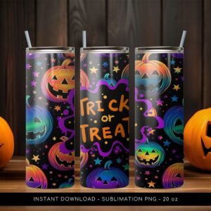Halloween Tumbler PNG, Trick or Treat PNG Tumbler, Halloween Tumbler Pumpkin Pattern, 20 oz Skinny Tumbler Wrap Design PNG. Instant Download