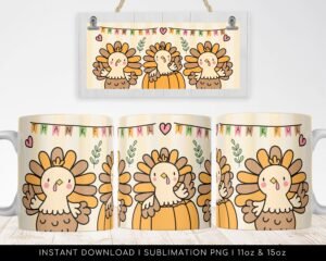 Cute Turkey Sublimation PNG Mug, Autumn, Fall Mug, Gift for Thanksgiving, Thanksgiving Sublimation PNG Mug, Mug Wrap Transfers 11oz & 15oz.