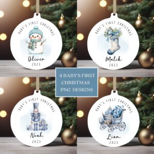 Baby's First Christmas 2023 Ornament Bundle, Round Ornament Sublimation PNG, Instant Digital Download, Personalized Baby Ornament Designs.