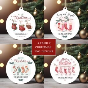 Family Socks Christmas Ornament Bundle, Round Xmas Ornament Sublimation PNG, Instant Digital Download, Personalized Family Ornament Designs.