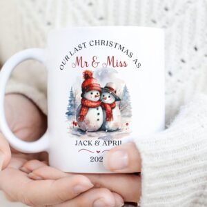 Last Xmas as Mr & Miss PNG Mug, Personalized Xmas Wedding Mug, Snowman Xmas Couple Sublimation Mug PNG, Mug Wrap Template, Instant Download.
