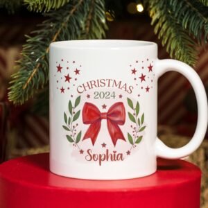Personalized Christmas Wreath Mug PNG, Xmas Coquette Bow Custom Mug PNG, Christmas Sublimation Mug, Wrap Mug Template, Instant Download.