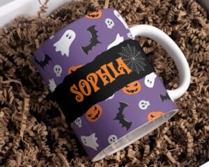 Halloween Sublimation Mug, Add Name Custom PNG Mug File for Sublimation, Mug Halloween Pattern, Mug PNG file, Mug Wrap Transfers 11oz & 15oz