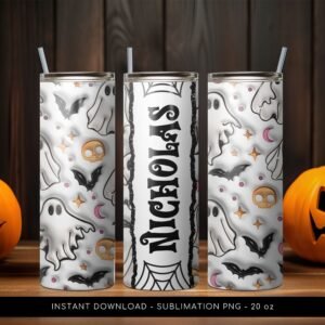 Halloween Tumbler Add Name, Custom Ghost PNG Tumbler, Halloween Tumbler Pattern, 20 oz Skinny Tumbler Wrap Design PNG File. Instant Download