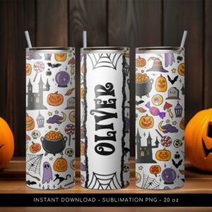 Halloween Tumbler Add Name, Custom Pumpkin PNG Tumbler, Halloween Tumbler Pattern, 20 oz Skinny Tumbler Wrap Design PNG, Instant Download.