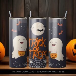 Halloween Tumbler PNG, Trick or Treat PNG Tumbler, Halloween Tumbler Ghost Pattern, 20 oz Skinny Tumbler Wrap Design PNG. Instant Download