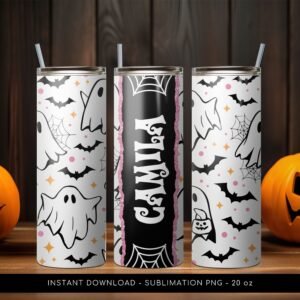 Halloween Tumbler Add Name, Custom Ghost PNG Tumbler, Halloween Tumbler Pattern, 20 oz Skinny Tumbler Wrap Design PNG File. Instant Download