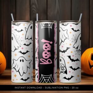 Halloween Tumbler, Boo! Ghost PNG Tumbler File, Halloween Cute Tumbler Pattern, 20 oz Skinny Tumbler Wrap Design PNG File. Instant Download