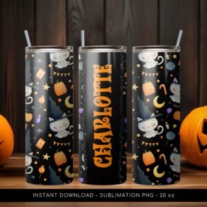 Halloween Tumbler Add Name, Custom Pumpkin PNG Tumbler, Halloween Tumbler Pattern, 20 oz Skinny Tumbler Wrap Design PNG. Instant Download.