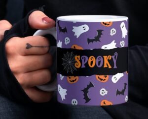 Halloween Sublimation Mug, Spooky Ghost PNG Mug File for Sublimation, Mug Halloween Pattern, Mug PNG file, Mug Wrap Transfers 11oz & 15oz.