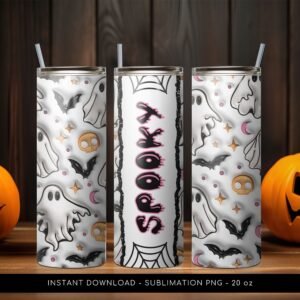 Halloween Tumbler, Spooky Ghost PNG Tumbler File, Halloween Tumbler 3D Pattern, 20 oz Skinny Tumbler Wrap Design PNG File. Instant Download.