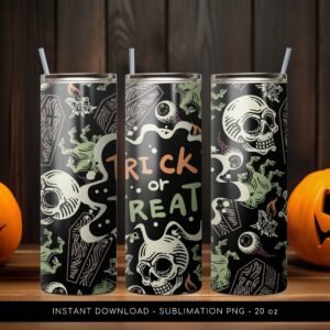 Halloween Tumbler PNG, Trick or Treat PNG Tumbler, Halloween Tumbler Skull Pattern, 20 oz Skinny Tumbler Wrap Design PNG. Instant Download.