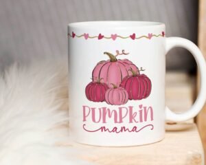 Pumpkin Mama Sublimation Mug PNG, Cute Pink Pumpkins Mug, Mug Wrap Template, Instant Download, Pumpkin Autumn Mug Png, Fall Love Hearts Mug.