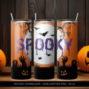 Halloween Tumbler, Spooky Pumpkin PNG Tumbler File, Halloween Tumbler Sublimation, 20 oz Skinny Tumbler Wrap Design PNG. Instant Download.