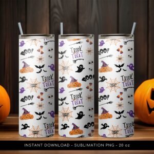 Halloween Tumbler PNG, Trick or Treat PNG Tumbler, Halloween Tumbler Pumpkin Pattern, 20 oz Skinny Tumbler Wrap Design PNG. Instant Download