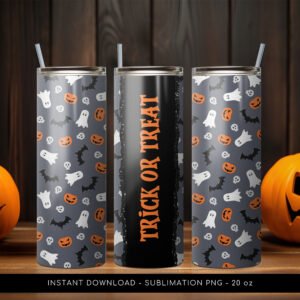 Halloween Tumbler PNG, Trick or Treat PNG Tumbler, Halloween Tumbler Ghost Pattern, 20 oz Skinny Tumbler Wrap Design PNG. Instant Download