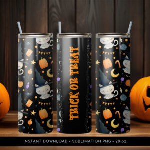 Halloween Tumbler PNG, Trick or Treat PNG Tumbler, Halloween Tumbler Pumpkin Pattern, 20 oz Skinny Tumbler Wrap Design PNG. Instant Download