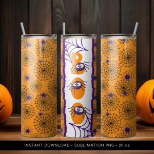 Halloween Tumbler PNG, Cute Spider Pattern Tumbler, Halloween Tumbler Spider Pattern, 20 oz Skinny Tumbler Wrap Design PNG. Instant Download