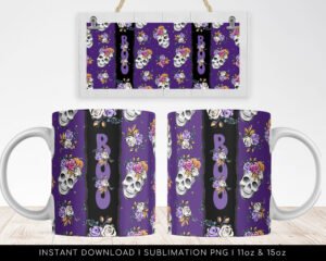 Halloween Sublimation Mug, Boo! Skull PNG Mug File for Sublimation, Halloween Cute Mug Pattern, Mug PNG file, Mug Wrap Transfers 11oz & 15oz