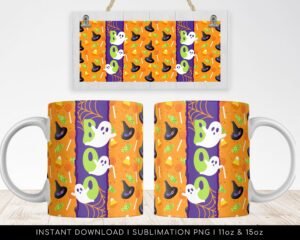 Halloween Sublimation Mug, Boo! Ghost PNG Mug File for Sublimation, Halloween Cute Mug Pattern, Mug PNG file, Mug Wrap Transfers 11oz & 15oz