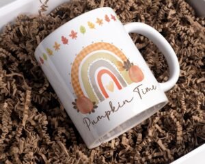 Pumpkin Sublimation Mug PNG, Watercolor Fall Rainbow Mug, Mug Wrap Template, Instant Download, Cute Autumn Leaves Mug Png, Pumpkin Time Mug.