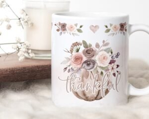 Thankful Watercolor Flowers Sublimation Mug, Thanksgiving Sublimation Mug, Watercolor Pumpkin Mug PNG file, Mug Wrap Transfers 11oz & 15oz.