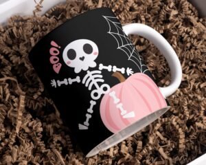 Halloween Trick or Treat Sublimation Mug, Cute Skeleton PNG Mug File for Sublimation, Pumpkin Cute Mug PNG, Mug Wrap Transfers 11oz & 15oz.