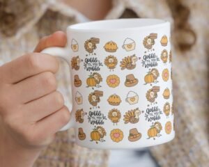 Gobble Til You Wobble PNG Mug, Turkey Pattern Mug, Gift for Thanksgiving, Thanksgiving Sublimation PNG Mug, Mug Wrap Transfers 11oz & 15oz.