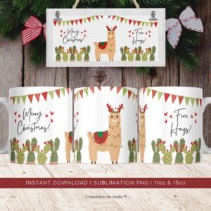 Llama Christmas Mug PNG, Mug Template for Sublimation, Christmas Funny Mug Gift, Cute Christmas Mug, Wrap Transfers Design High-Resolution