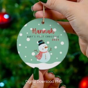 Round First Christmas Ornament, Cute Snowman PNG Instant Download, Christmas Sublimation Ornament, Wrap Transfers Design-High-Resolution.