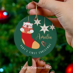 Round First Christmas Ornament, Baby Bear PNG Instant Download, Christmas Socks Sublimation Ornament, Wrap Transfers Design-High-Resolution.