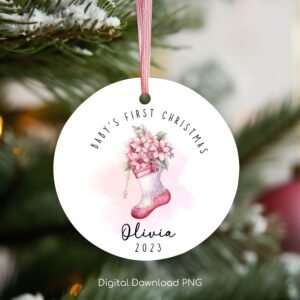 Personalized Baby's 1st Christmas Ornament, Cute Baby Sock PNG Instant Download, Christmas Sublimation Ornament, PNG Wrap Transfers Design.