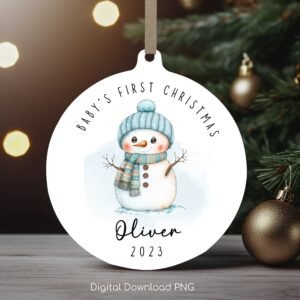 Personalized Baby's 1st Christmas Ornament, Cute Snowman PNG Instant Download, Christmas Sublimation Ornament, PNG Wrap Transfers Design.