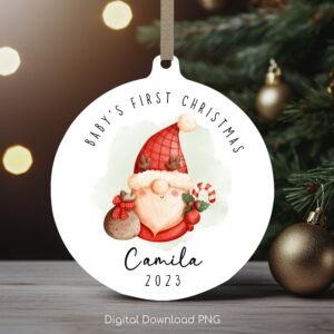 Personalized Baby's 1st Christmas Ornament, Cute Xmas Gnome PNG Instant Download, Christmas Sublimation Ornament, PNG Wrap Transfers Design.