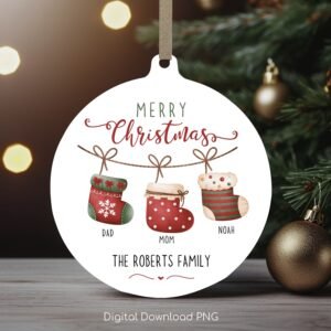 Personalized Family Christmas Hanging Socks Round Ornament PNG, Christmas Family Ornament PNG Sublimation Template, Design Instant Download.