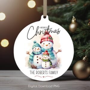 Christmas Snowman Family Round Ornament PNG, Personalized Christmas Family Ornament PNG, Snowman Sublimation Template, Instant Download.
