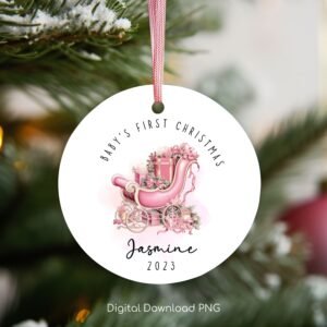 Personalized Baby's 1st Christmas Ornament, Santa's Sleigh PNG Instant Download, Christmas Sublimation Ornament, PNG Wrap Transfers Design.