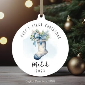 Personalized Baby's 1st Christmas Ornament, Cute Baby Sock PNG Instant Download, Christmas Sublimation Ornament, PNG Wrap Transfers Design.