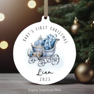 Personalized Baby's 1st Christmas Ornament, Santa's Sleigh PNG Instant Download, Christmas Sublimation Ornament, PNG Wrap Transfers Design.