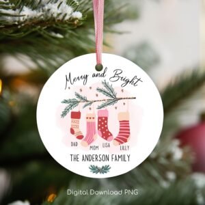 Personalized Family Christmas Hanging Socks Round Ornament PNG, Christmas Family Ornament PNG Sublimation Template, Design Instant Download.