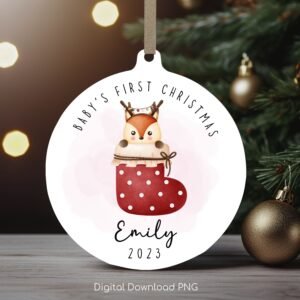 Personalized Baby's 1st Christmas Ornament, Cute Baby Fox PNG Instant Download, Christmas Sublimation Ornament, PNG Wrap Transfers Design.