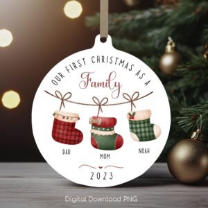 1st Christmas as a Family Round Ornament PNG, Personalized Christmas Socks Ornament, Sublimation Template, Wrap Transfers Instant Download.