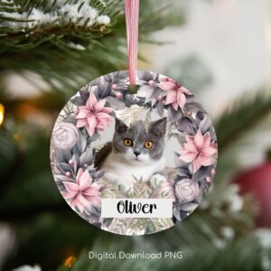Personalized Christmas Pet Round Ornament PNG, Christmas Gift Ornament, Custom Cat Photo Christmas Sublimation Template, Instant Download.