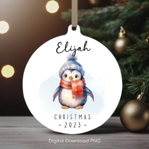 Personalized Christmas Ornament, Cute Baby Penguin PNG Instant Download, Christmas Keepsake Sublimation Template, PNG Wrap Transfers Design.