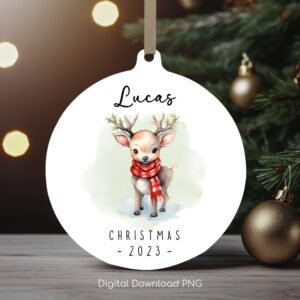 Personalized Christmas Ornament, Cute Baby Deer PNG Instant Download, Christmas Keepsake Sublimation Template, PNG Wrap Transfers Design.