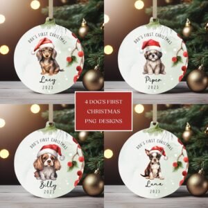 Dog's 1st Christmas Personalized Ornament PNG Bundle, Instant Download, Sublimation Christmas Puppy Dog Ornament, PNG Wrap Transfers Design.