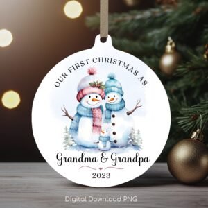 First Christmas as Grandma & Grandpa Ornament, Christmas Round Ornament, Snowman Family Xmas Sublimation Ornament PNG, Instant Download.